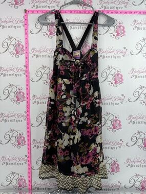 Uttam London dress flowers Black Floral Midi Dress with Pink and Cream Accents